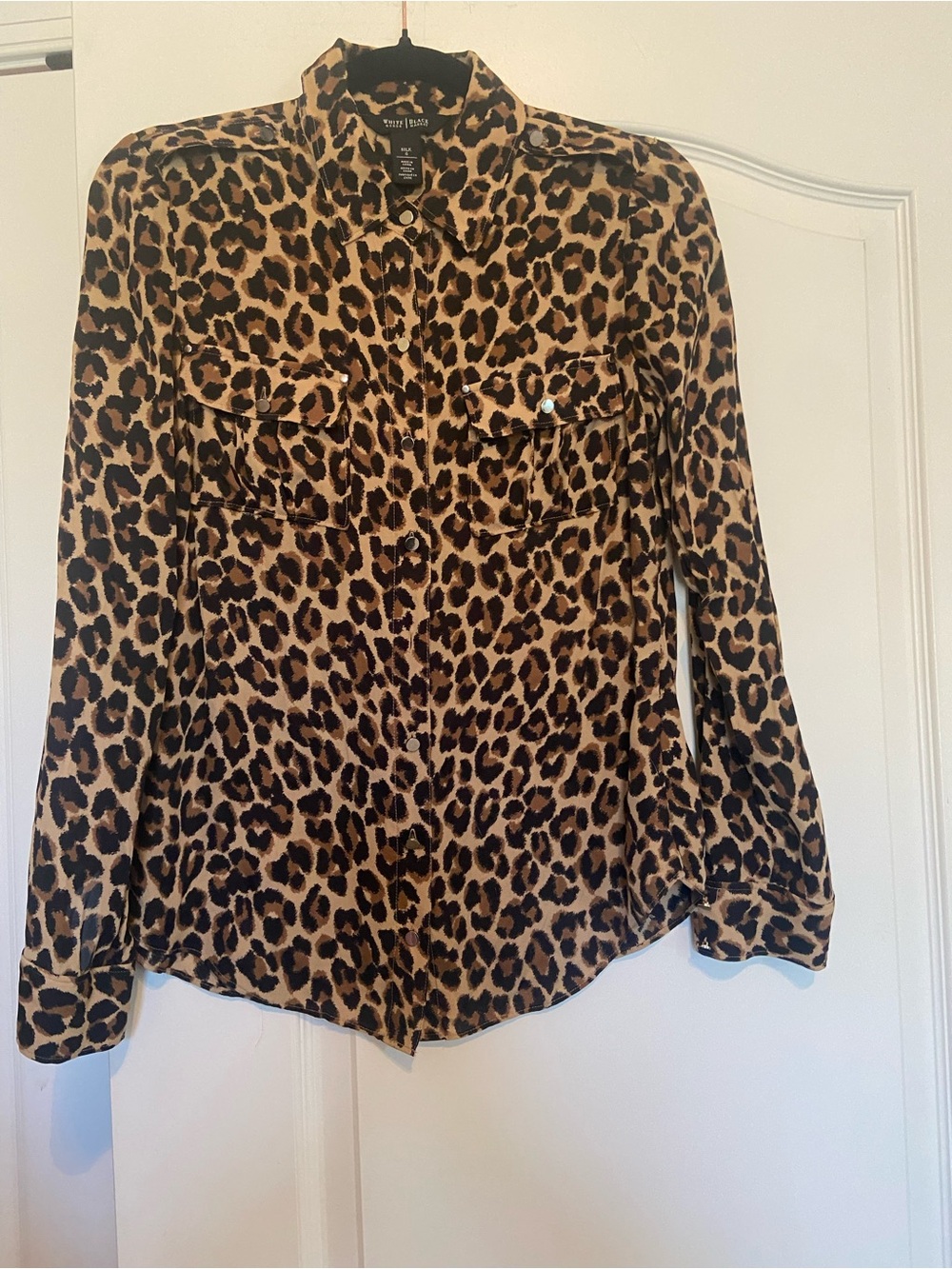 White House Black Market Leopard Print Button-Down Blouse in tan and black